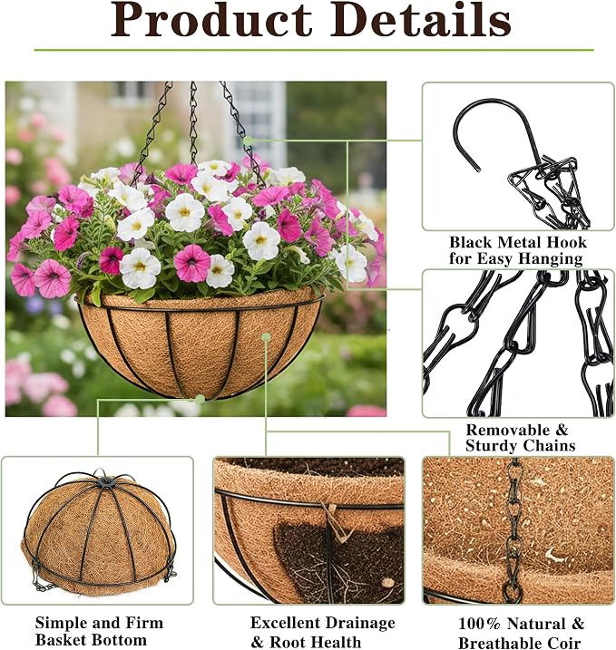 EIMQUVW Outdoor Metal Hanging Planters Basket (4pack, 14 inch) Hanging Baskets for Plants Chain Round Wire Plant Holder with Coco Fiber Liners for Garden, Patio, Deck, Porch