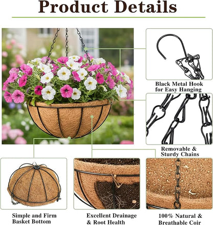 EIMQUVW Outdoor Metal Hanging Planters Basket (4pack, 16 inch) Hanging Baskets for Plants Chain Round Wire Plant Holder with Coco Fiber Liners for Garden, Patio, Deck, Porch