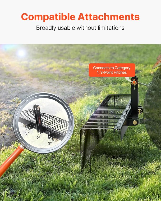 VEVOR Tow Behind Landscape Rake, 72" Lawn Dethatcher Rake with 32 Steel Tines, Attaches to Category 1, 3 Point Hitch for Tractor, Heavy Duty Tow Dethatcher for Leaves, Pine Needles, Straw, and Grass
