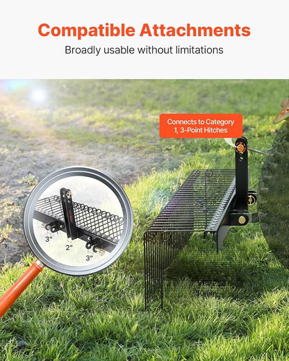 VEVOR Tow Behind Landscape Rake, 72" Lawn Dethatcher Rake with 32 Steel Tines, Attaches to Category 1, 3 Point Hitch for Tractor, Heavy Duty Tow Dethatcher for Leaves, Pine Needles, Straw, and Grass