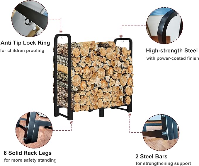 3FT Firewood Rack Stand Heavy Duty Logs Holder for Outdoor Indoor Fireplace Metal Wood Pile Storage Stacker Organzier, Matte Black