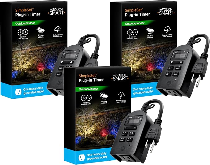 myTouchSmart Indoor/Outdoor Plug-in Digital Timer, One Grounded Outlet, Two Easy-to-Set Custom Daily On/Off Times, Weather Resistant, Ideal for Small Pumps and Seasonal Lighting, 36027 (Pack of 3)