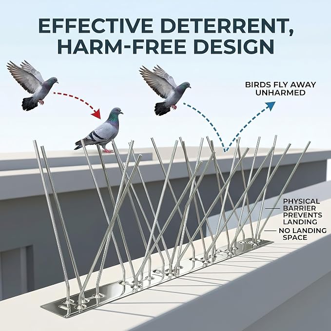 Stainless Steel Bird Spikes for Outside, Anti Bird Deterrent Spikes for Woodpeckers, Squirrels, Raccoons，Weatherproof Fence Spikes for Roof, Railing,Patio, 16.4 Feet
