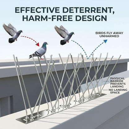 Stainless Steel Bird Spikes for Outside, Anti Bird Deterrent Spikes for Woodpeckers, Squirrels, Raccoons, Weatherproof Fence Spikes for Roof, Railing,Patio, 3.28 Feet