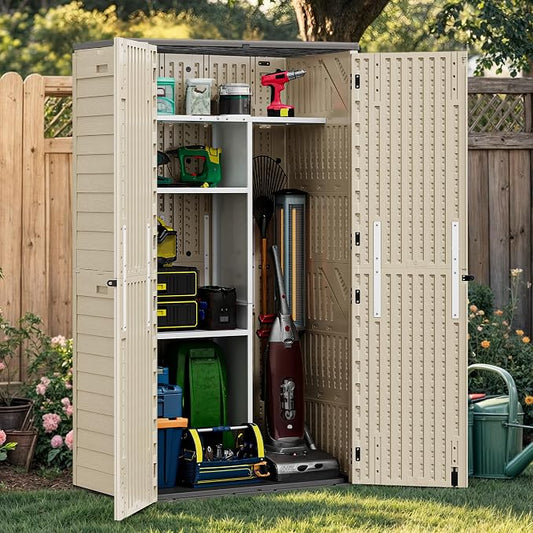 YITAHOME 60 cu ft Tall Outdoor Storage Shed w/o Shelf, Resin Vertical Outdoor Storage Shed, Large Waterproof Storage Cabinet for Garage, Poolside, and Garden (Khaki + Black)
