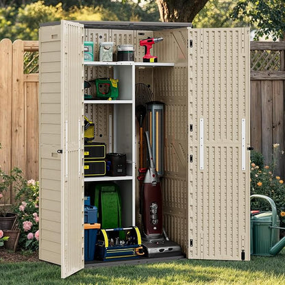 YITAHOME 60 cuft Vertical Outdoor Storage Shed with Shelf, Large Waterproof Storage Cabinet for Garden Shed, Tall Outdoor Storage Shed for Garage, Pool Storage, Resin, Lockable, Khaki & Brown