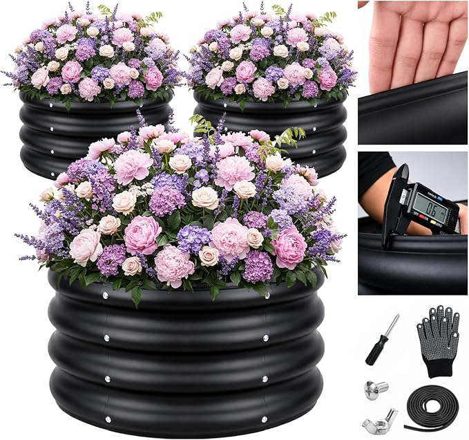 ZXZYHFTY Raised Garden Bed, 0.6 mm Galvanized Steel Round Planter Box with Open Bottom, Metal Raised Garden Bed for Vegetables Flowers Herbs Mailbox Planter Accent, 2 x 2 x 1 FT, 3 Pack Black