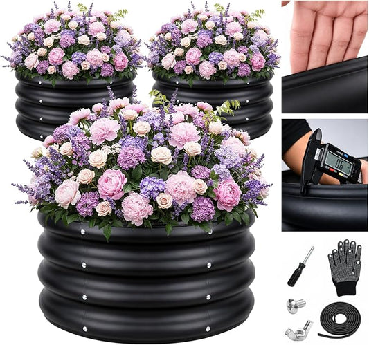 ZXZYHFTY Raised Garden Bed, 0.6 mm Galvanized Steel Round Planter Box with Open Bottom, Metal Raised Garden Bed for Vegetables Flowers Herbs Mailbox Planter Accent, 2 x 2 x 1 FT, 3 Pack Black