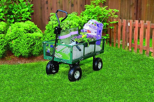 Garden Star 70107 Garden Cart/Utility Cart, Hinged/Removeable Sidewalls, Four 10-inch Wheels, Loop Handle with Convertible Hitch Attachment, Steel Powder-Coated Mesh Frame, 700-pound Capacity, Green
