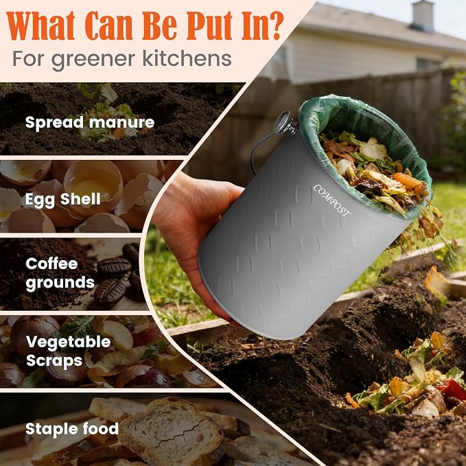 AOSION Countertop Compost Bin Kitchen,Odorless Indoor Compost Bin with Lid | 1 Gallon Composter Container,Removable Inner Bucket,50 Compost Bags,2 Carbon Filters,ideal for food scraps,coffee grounds