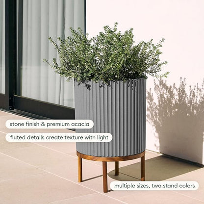 Veradek Demi Series Round Planter w/ Stand for Porch/Patio | Durable Plastic-Concrete & Wooden Stand | Modern Décor for Tall Plants, Flowers
