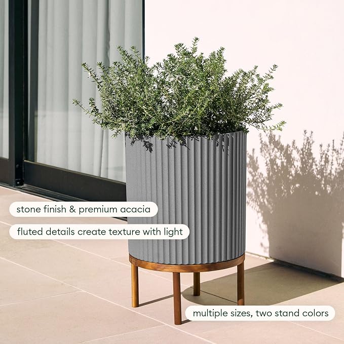 Veradek Demi Series Round Planter w/Stand for Porch/Patio | Durable Plastic-Stone Composite & Wooden Stand | Modern Décor for Tall Plants, Flowers
