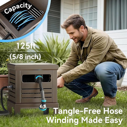 Relhost Hose Reel, Heavy Duty Metal Deck Box Hideaway Holds 125 ft x 5/8" Hose, Garden Hose Reel with Never-Leak System, Manual Crank Handle, Hose Guide, Ideal for Yards, Patios, and Garden Sheds