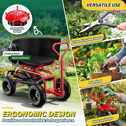 Baotree Garden Seat with Wheels, Rolling Garden Stool with Adjustable 360°Swivel Seat, Storage Basket & Extendable Handle, Outdoor Gardening Scooter, Garden Cart Workseat Stools for Seniors