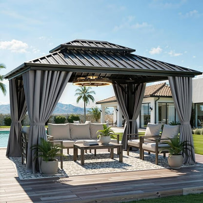 YITAHOME 10X12FT Hard Top Gazebo Aluminum Frame Patios Double Roof Canopy | Garden Metal Gazebo Tent Curtains Netting for Patios Backyards Decks Lawns, Gray