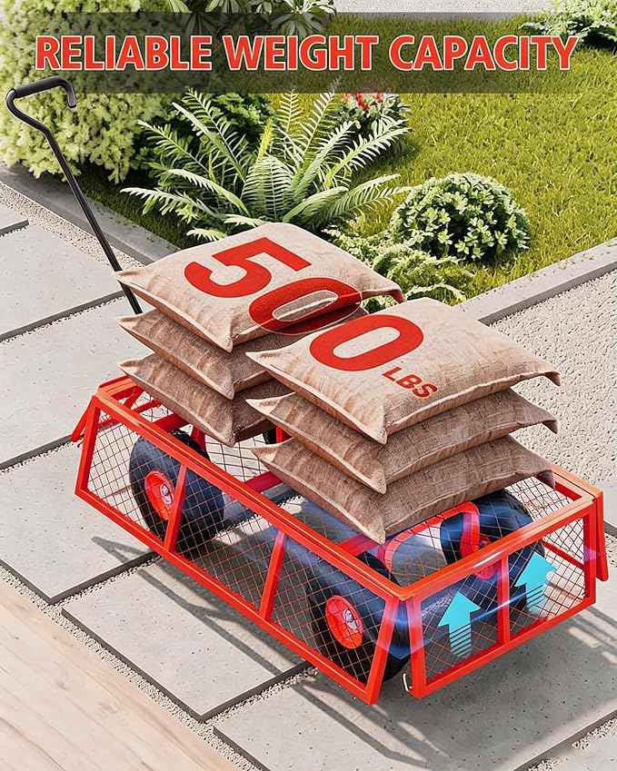 Garvee Steel Garden Cart, 500 LBS Capacity Utility Outdoor Wagon, Heavy Duty Mesh Garden Metal Wagon with Removable Sides, Flexible Handle for Yard, Lawn, Garden