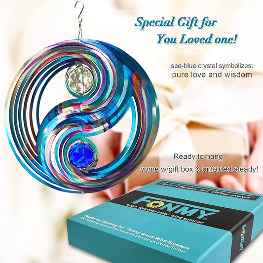 FONMY Mandala Wind Spinner w/Crystal Ball-Fengshui 3D Stainless Steel Hanging Spinners Worth Gift Christmas Decoration Indoor/Outdoor Garden Décor Kinetic Yard Art 12 Inches Wind Sculpture