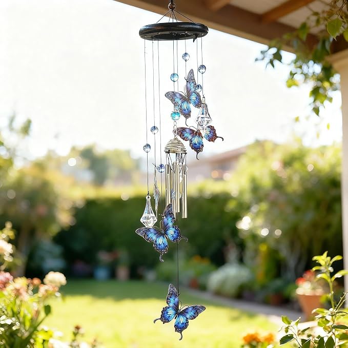 YU FENG Butterfly Memorial Wind Chime, Crystal Suncatcher Outdoor Decor | 27 Inch Metal Hanging Chime, Blue Butterfly Design, Sympathy Remembrance Gift, Garden Yard Patio Decoration