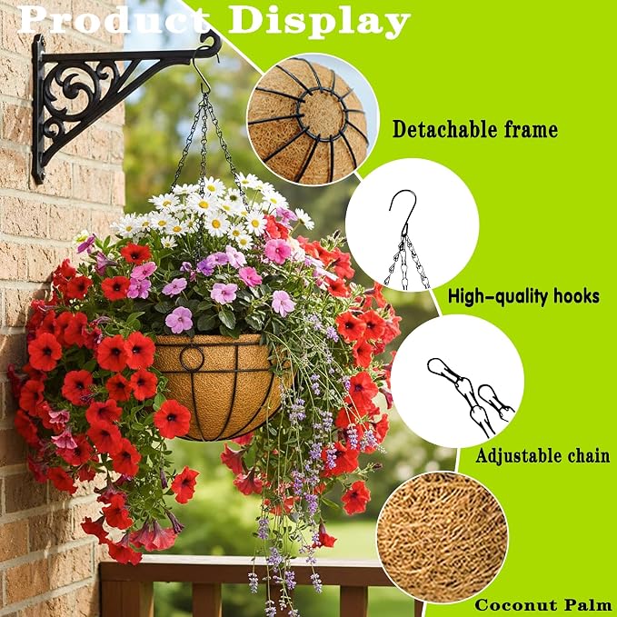 4 Pack 16" Round Metal Hanging Basket for Outdoor Plants Durable Large Hanging Planter with Coco Coir Round Plant Holders Planter for Outside Garden Decoration (Circular)