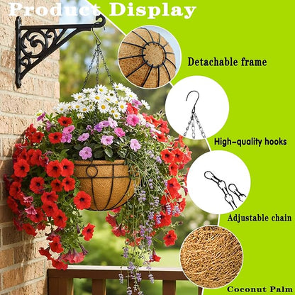 4 Pack 16" Round Metal Hanging Basket for Outdoor Plants Durable Large Hanging Planter with Coco Coir Round Plant Holders Planter for Outside Garden Decoration (Circular)