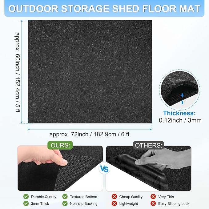 M METERXITY 3 mm Thickened Outdoor Storage Shed Mat, 5x6 ft Waterproof Shed Flooring Mat for Patio Furniture Floor Protecting from Wear/Liquid/Dust/Oil, Non-Slip Felt Rubber Rug Pad [Grey]