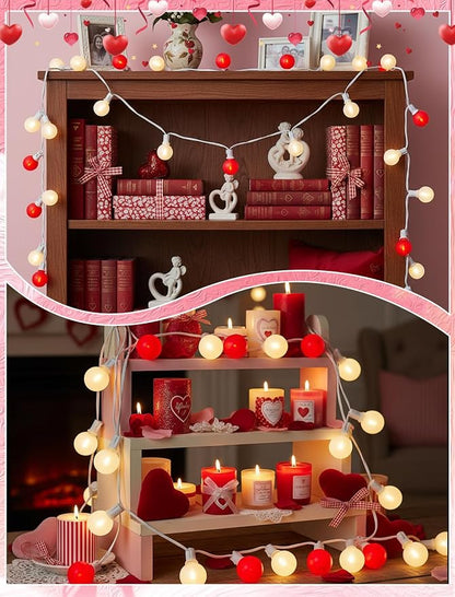 LED Valentine’s Day String Lights, 25Ft Valentines Decorations Outdoor | 25+2 G40 Round Bulbs, Connectable, Shatterproof Hanging Indoor Fairy Lights for Wedding Date Patio, Frosted Red White