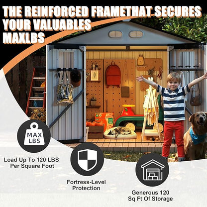 KEIKI 8x8 Outdoor Storage Shed, Metal Garden Shed with 4 Windows and Lockable Doors, Heavy Duty Steel Storage House for Backyard Patio Lawn, Bike Storage, Tool Room, Pet Shelter, White