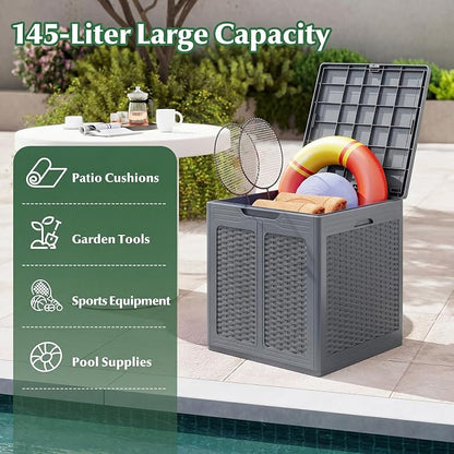 Tangkula 39 Gallon Outdoor Storage Box, Waterproof PP Resin Patio Storage Box with Lockable Lid for Indoor & Outdoor Use, Rattan Design Deck Box for Cushions, Garden Tools