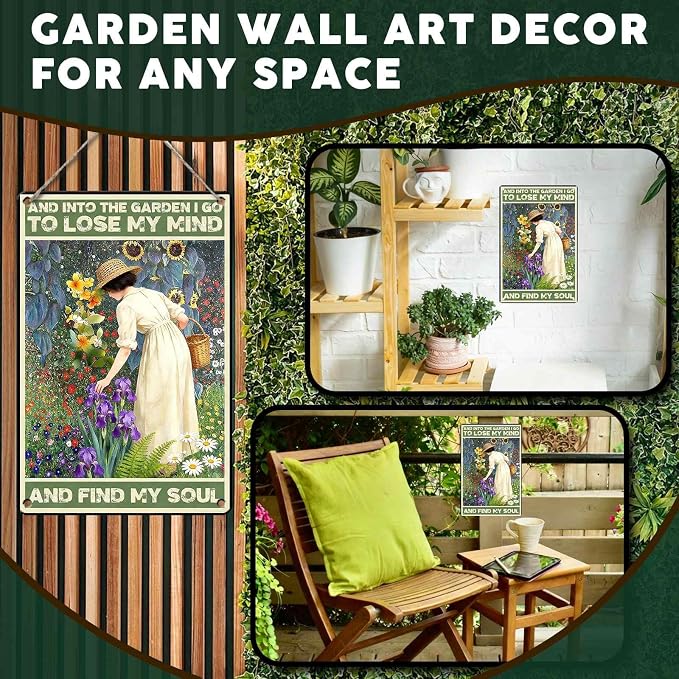 PEACHGARDEN Garden Signs and Into The Garden I Go Women's Gardening Gift Metal Sign Yard Wall Art Decor for Patio Porch Backyard 8x12 inch