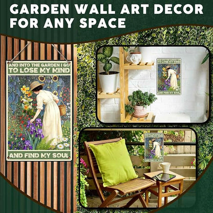 PEACHGARDEN Garden Signs and Into The Garden I Go Women's Gardening Gift Metal Sign Yard Wall Art Decor for Patio Porch Backyard 8x12 inch