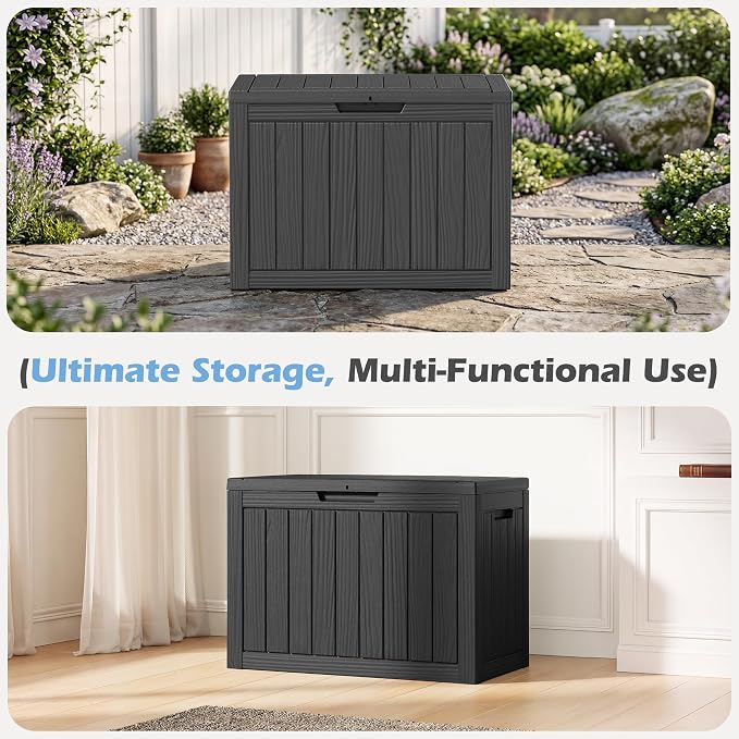 Outdoor Storage Box, 55 Gallon Resin Deck Boxes Outdoor Waterproof For Patio Furniture, Garden Tools, Pool Supplies, Lockable And UV Resistant (Striped Black)