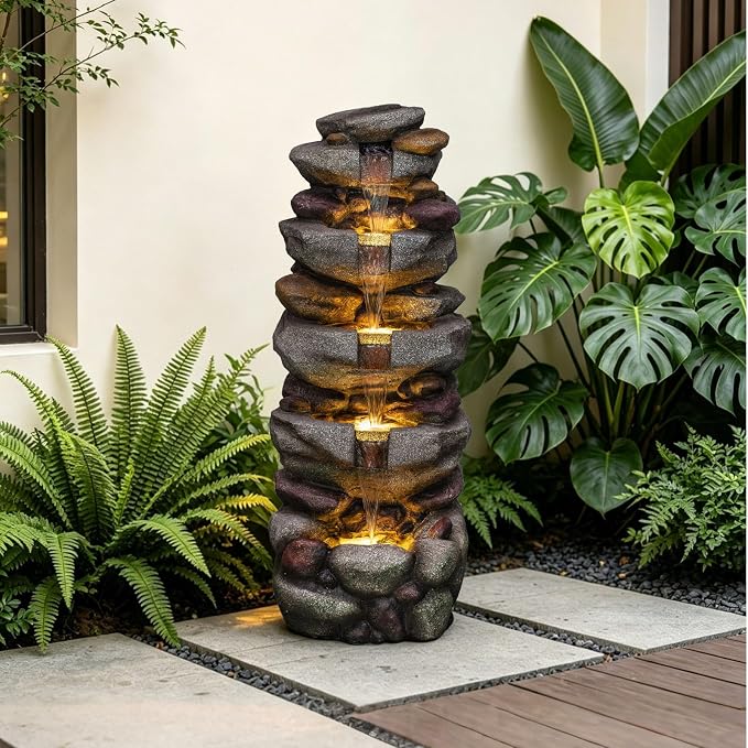 38.9" H Large Outdoor Fountain, 5-Tier Cascading Rock Waterfall Fountain with LED Lights, Freestanding Water Feature for Garden Patio Backyard Porch Decor