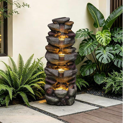 38.9" H Large Outdoor Fountain, 5-Tier Cascading Rock Waterfall Fountain with LED Lights, Freestanding Water Feature for Garden Patio Backyard Porch Decor