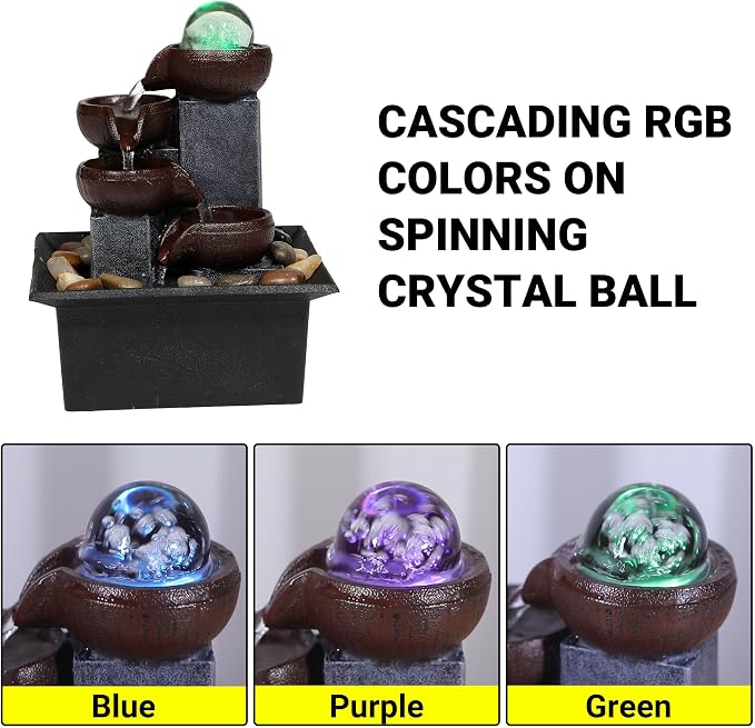 Tabletop Water Fountain-Indoor Waterfall-Desktop Fountain-Spinning Crystal Ball Lighting LED Colors from-Waterfall-Indoor Water Fountains with Natural River Rocks for Feng Shui Effect