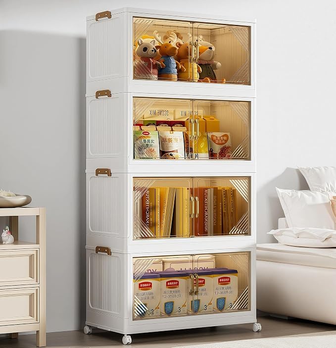 25" Wide 4-Tier Rolling Storage Bins with Lids,383QT Collapsible Stackable Storage Cabinet with Wheels,Foldable Closet Organizers,Plastic Storage Drawers for Home, Bathroom, RV Essentials