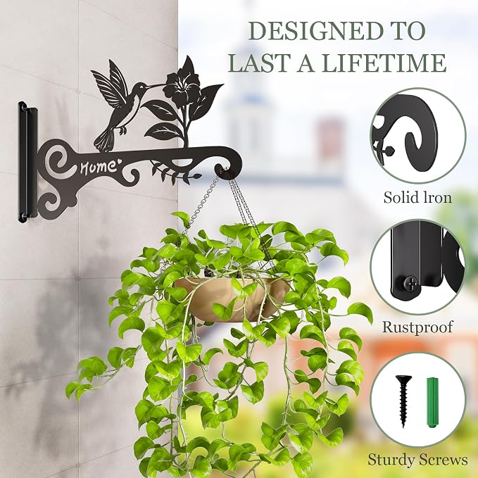 Metal Plant Hooks (2-Pack) - Decorative Wall Hangers with Bird Design for Indoor & Outdoor Use - Hanging Brackets for Plants, Flower Baskets, Bird Feeders, Lanterns - Patio, Garden, Home Decor
