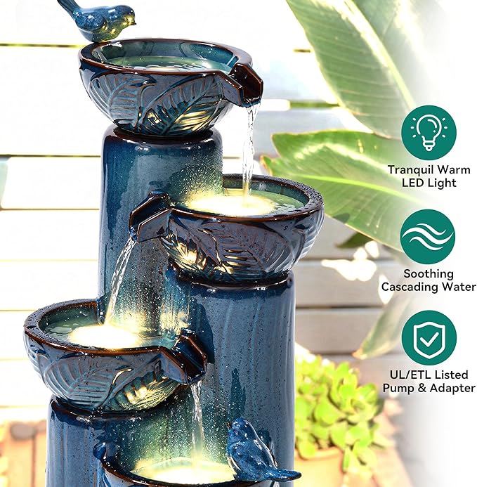 33" H Ceramic Outdoor Water Fountain with LED Lights, 4-Tier Bowl Water Feature with Birds, Teal Blue Glaze, Embossed Leaf Pattern, Cascading Waterfall for Tranquil Garden, Patio, or Porch