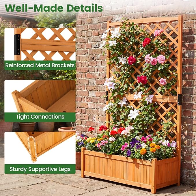 Giantex Raised Garden Bed with Trellis, 71" Wooden Elevated Planter Box, High Trellis for Plant Flower Climbing Pot Hanging, Indoor & Outdoor Planter Box for Yard, Garden, Balcony