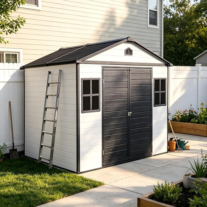 PVWIIK 8x6 ft Resin Outdoor Storage Shed with Floor & Window, Lockable Waterproof All-Weather Utility Shed for Garden Tools & Trash Bins, Black-White
