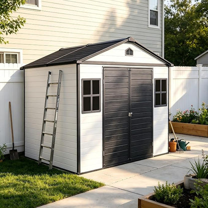 PVWIIK 8x6 ft Resin Outdoor Storage Shed with Floor & Window, Lockable Waterproof All-Weather Utility Shed for Garden Tools & Trash Bins, Black-White