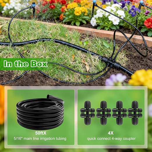 50FT 5/16" Drip Irrigation Tubing and 4 Packs 4-Way Quick Coupler, Push-to-Connect Fittings- DIY Garden Irrigation System, Misting, or Blank Distribution Tubing for Any Gardening Project