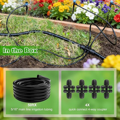 50FT 5/16" Drip Irrigation Tubing and 4 Packs 4-Way Quick Coupler, Push-to-Connect Fittings- DIY Garden Irrigation System, Misting, or Blank Distribution Tubing for Any Gardening Project