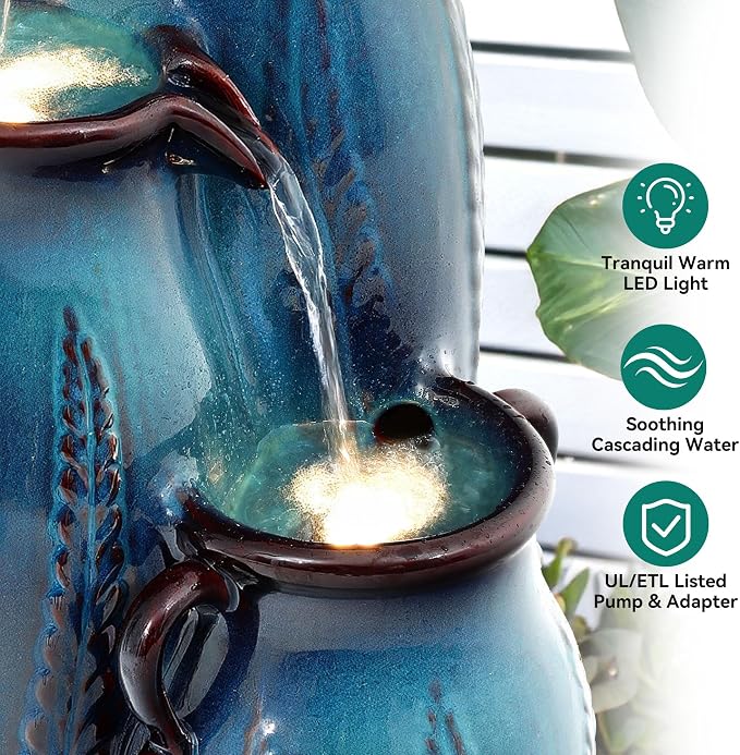 29.5" H Ceramic Outdoor Water Fountain with LED Lights, 3-Tier Vase Cascading Water Feature, Turquoise with Embossed Leaf Patterns, Tranquil Waterfall for Garden, Patio, Yard, or Porch
