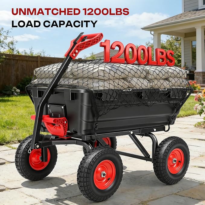 Garden Dump Cart Wagon with Hitch | 13" All Terrain Pneumatic Tires,DIY Expansion over 1200LBS Capacity,2-in-1 handle,Tow behind lawn mower, tractor or ATV