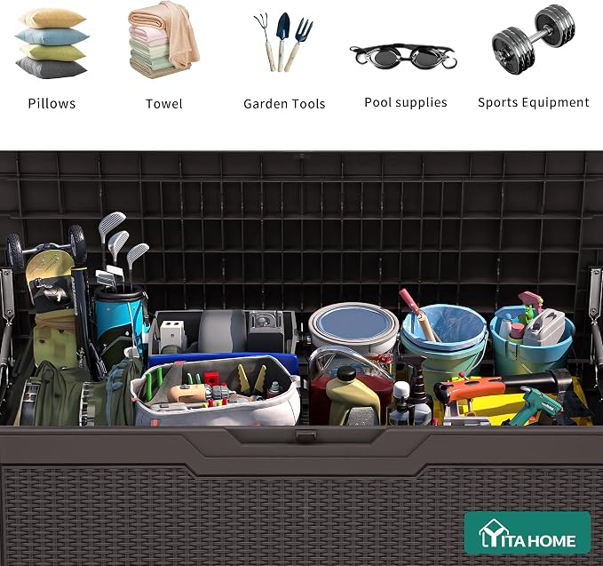 YITAHOME 80 Gallon Resin Deck Box | Weather Resistant Outdoor Rattan Storage Box, Lockable Indoor Outdoor Storage for Supplies and Essentials, Dark Brown