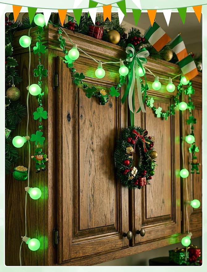 LED St. Patrick's Day String Lights, 25Ft St Patricks Decorations Outdoor | 25+2 G40 Round Bulbs, Connectable, Hanging Patio Lights Shatterproof for Indoor Home Decor Party, White Wire, Ceramic Green