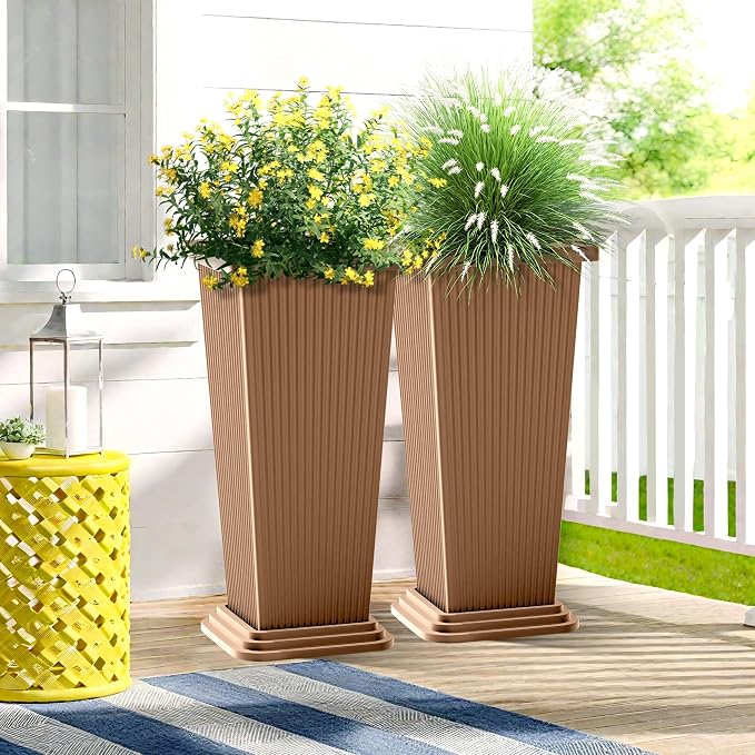 FENCY Set of 2 Tall Planters for Outdoor Plants, Brown Ribbed | 24 Inch, with Drainage Hole & Trays, Plastic Tapered Pots, Weather-Resistant, Front Door Decor