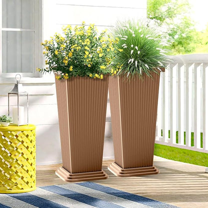 FENCY Set of 2 Tall Planters for Outdoor Plants, Brown Ribbed | 24 Inch, with Drainage Hole & Trays, Plastic Tapered Pots, Weather-Resistant, Front Door Decor