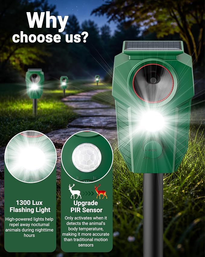 Keep Deer & Cats Away – Solar Ultrasonic Deer Repellent Devices with Motion Sensor & LED Flashing Lights, Waterproof Animal Repeller Outdoor for Yard, Garden & Lawn