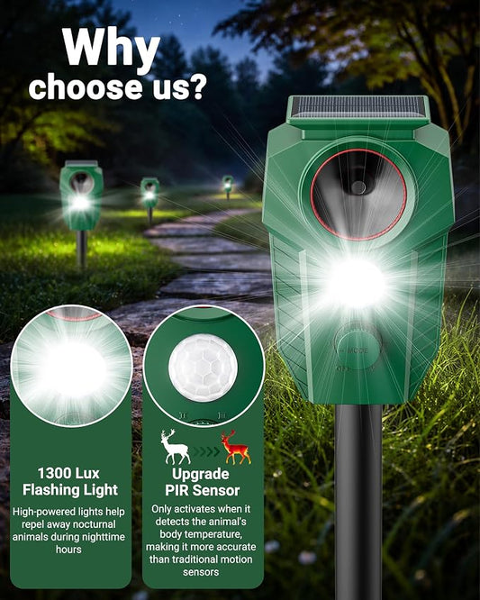 Keep Deer & Cats Away – Solar Ultrasonic Deer Repellent Devices with Motion Sensor & LED Flashing Lights, Waterproof Animal Repeller Outdoor for Yard, Garden & Lawn